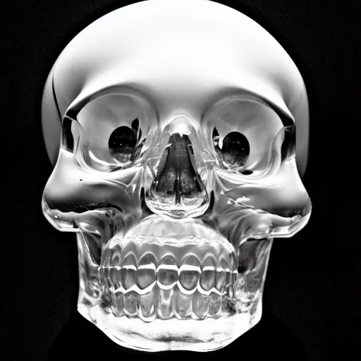 Image similar to A photograph of a crystal skull. Film Noir. High Contrast. Black and White.