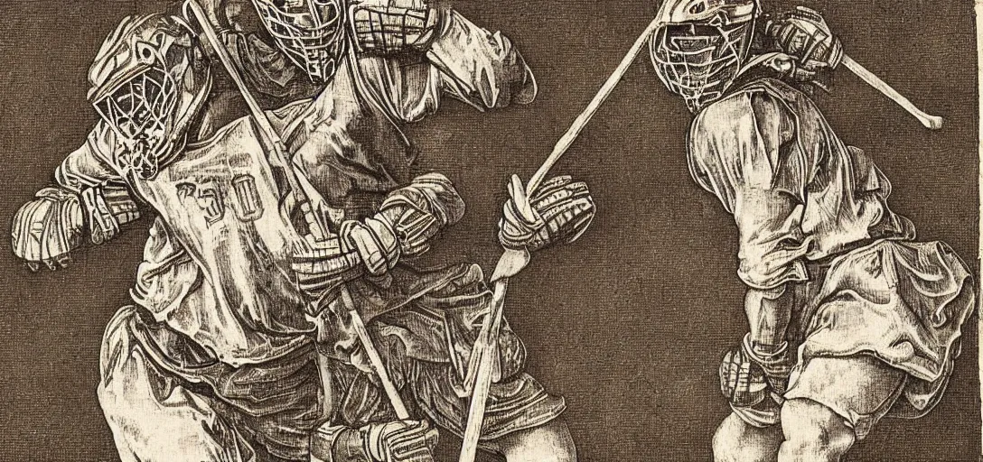 Image similar to lacrosse player, highly detailed, 8k, intricate, Albrecht Durer style