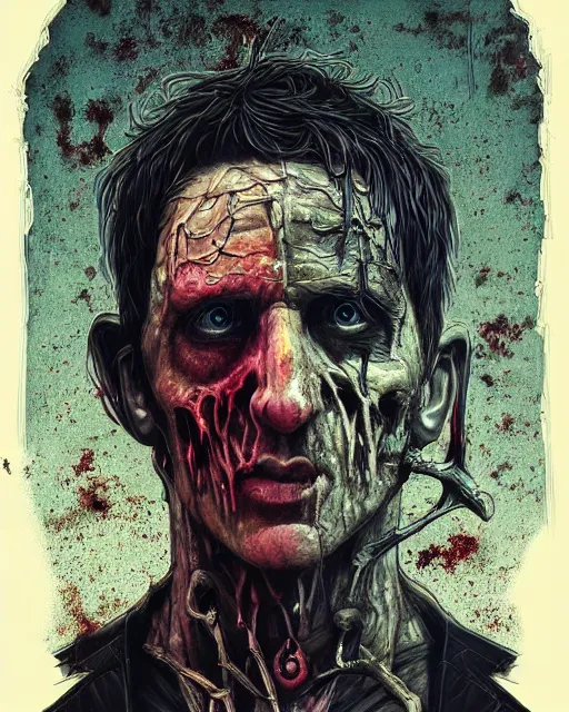 Image similar to trent reznor as a decaying zombie, grotesque, horror, high details, bright colors, striking, intricate details, by vincent di fate, artgerm julie bell beeple, 1 9 8 0 s, inking, vintage 8 0 s print, screen print