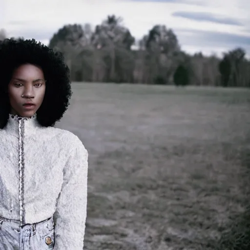 Image similar to realistic! photoshoot for a new chanel lookbook, color film photography, portrait of a beautiful woman, location outdoor, in style of tyler mitchell, 35mm