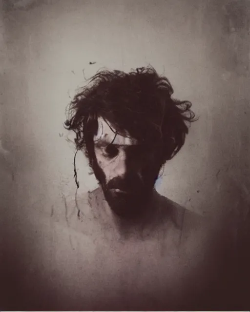 Image similar to an instant photo of a handsome but creepy man in layers of fear in devonshire, with haunted eyes and wild hair, 1 9 7 0 s, seventies, wallpaper, moorland, a little blood, moonlight showing injuries, delicate embellishments, painterly, offset printing technique, by mary jane ansell