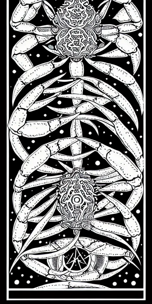 Prompt: a beautiful black and white fractal tarot card featuring bold occult imagery with clean lines. crab demon. detailed adult coloring book