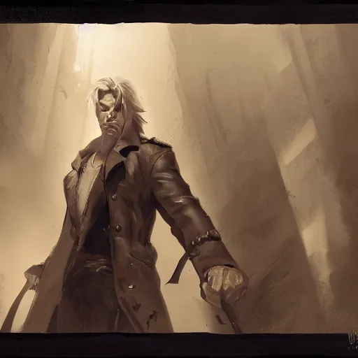 Image similar to portrait of a muscular, grim, ponytail haired blonde man in his late 30's, wearing a thick brown leather coat, looking to his side, scarred face, hunter, DnD character, fantasy character, dramatic lighting, high detail, graphite black and white by Ruan Jia, Krenz Cushart, Rossdraws and Boris Vallejo