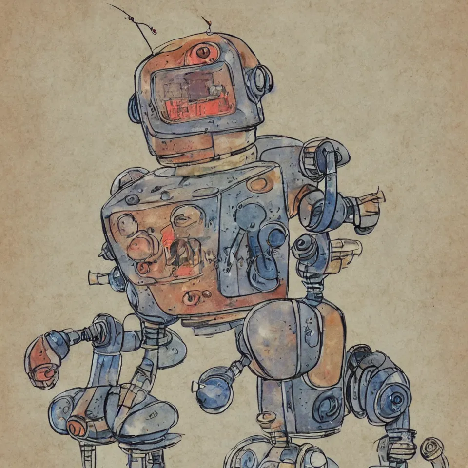 Image similar to a detailed illustration of a cute retro robot dog, alcohol inks on parchment, muted colors, detailed, textured parchment background, 1 9 5 0 s concept art