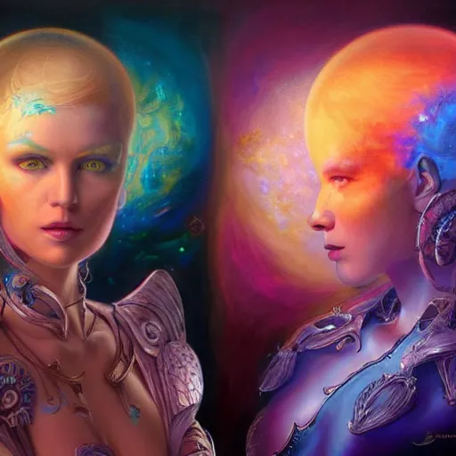Prompt: beautiful gemini good and evil fantasy female character portrait, highly saturated colors, ultra realistic, wide angle, intricate details, the fifth element artifacts, holographic undertones, highly detailed by peter mohrbacher, hajime sorayama, wayne barlowe, boris vallejo, aaron horkey, gaston bussiere, craig mullins