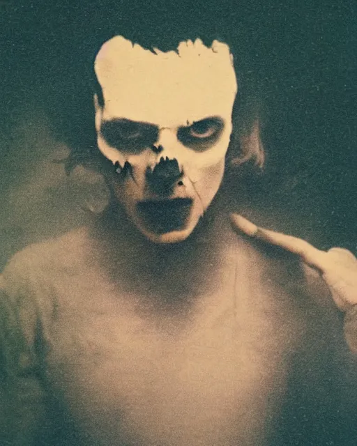 Image similar to an instant photo of a handsome but sinister ghost of a man in layers of fear, with violence in his eyes, 1 9 7 0 s, seventies, woodlands, delicate embellishments, a little blood, crimson, painterly, offset printing technique, by alexandre cabanel, volumetric lightning, moorlands behind him