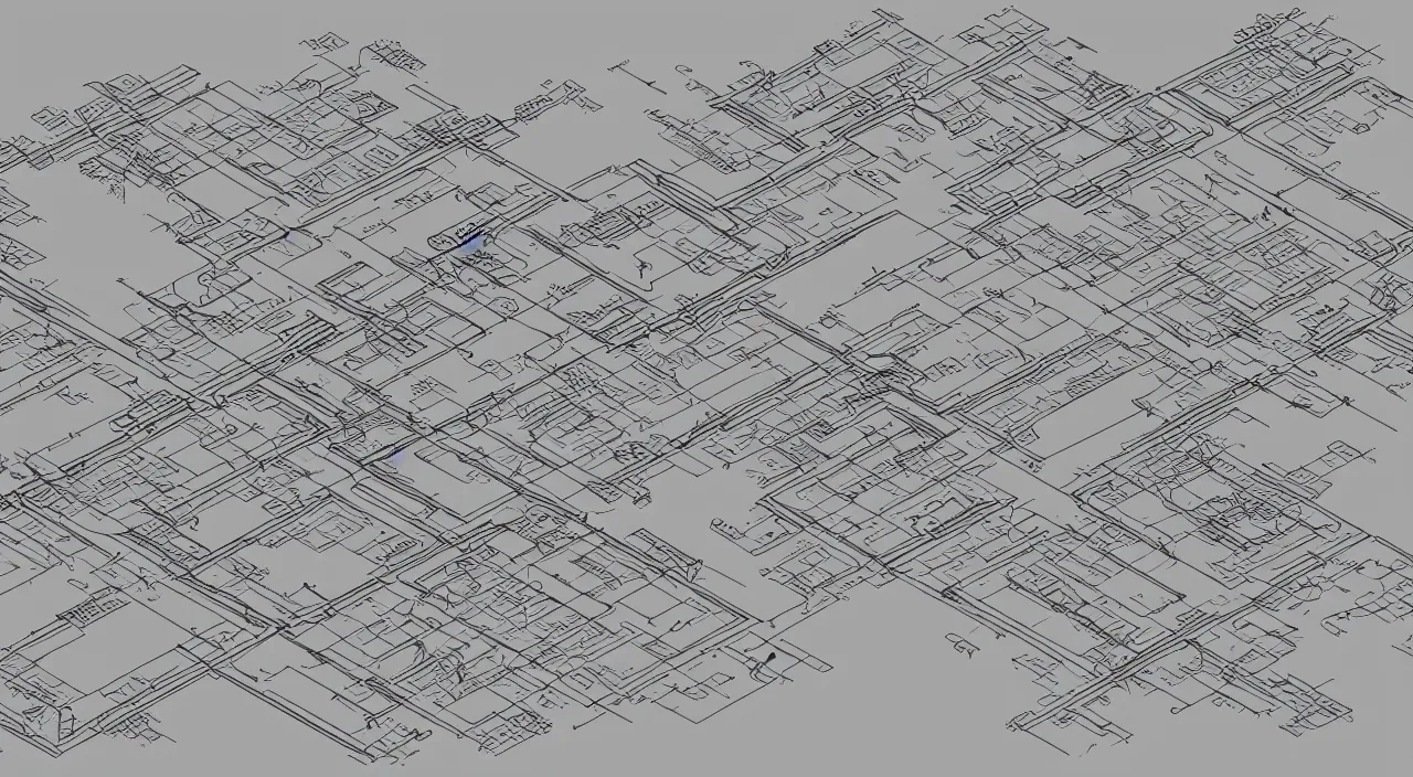 Image similar to exploded axon schematic drawinf of a typical city block, in vector drawing style of charles williams