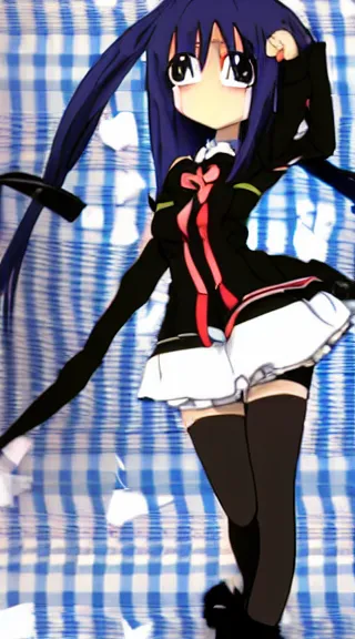 Prompt: Anime Screenshot of a “red-eyed black-haired anime fox girl” wearing black fingerless-gloves, high-waist-black-skirt, white-collared-shirt blue-open-jacket, black-necktie, unsheathing her katana, white background, visual-key, anime illustration, pixiv, anime-twitter