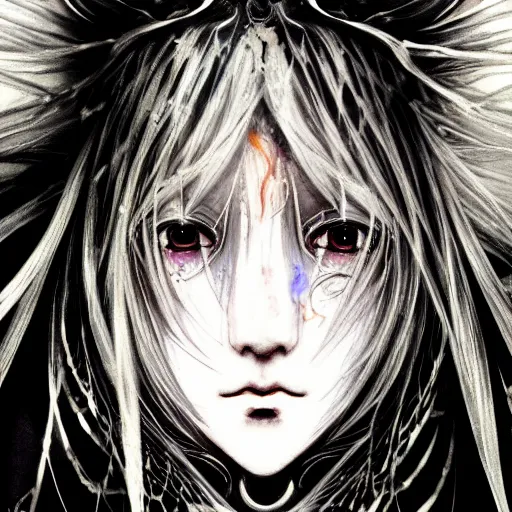 Image similar to Yoshitaka Amano blurred and dreamy illustration of an anime girl with wavy white hair and cracks on her face wearing Elden ring armour with the cape fluttering in the wind, abstract black and white patterns on the background, noisy film grain effect, highly detailed, Renaissance oil painting, weird portrait angle