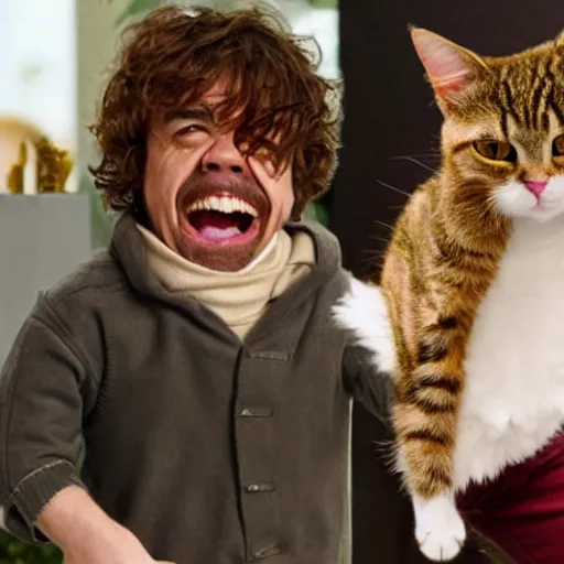 Prompt: peter dinklage laughing hysterically at a cat,