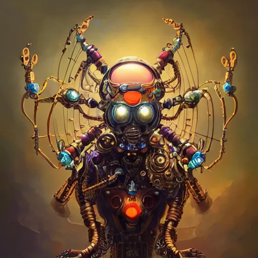 Image similar to biomechanical spider king, cyberpunk, bionics, augments, lights, cables, elegant gleaming intricate baroque jewellery, colorful, vivid, imposing, epic, digital painting, artstation, concept art, by peter mohrbacher and wlop and rhads,