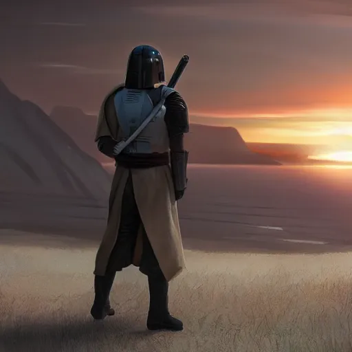 Prompt: a young blonde male jedi with short hair standing still looking at the sunset, over the shoulder shot, ots shot, third-person shot, full-length, head-to-toe, full body photography, extremely long shot, long shot, concept art by Doug Chiang cinematic, realistic painting, high definition, concept art, the Mandalorian concept art style