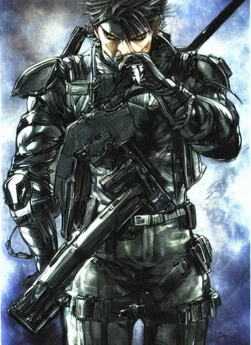 Prompt: solid snake by yoshitaka amano, final fantasy metal gear cover art, concept art, dark hair, sneaking suit