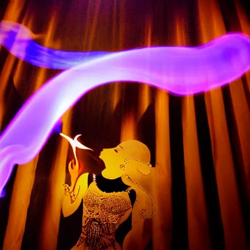 Image similar to magic lamp emitting colored smoke in the shape of genie girl