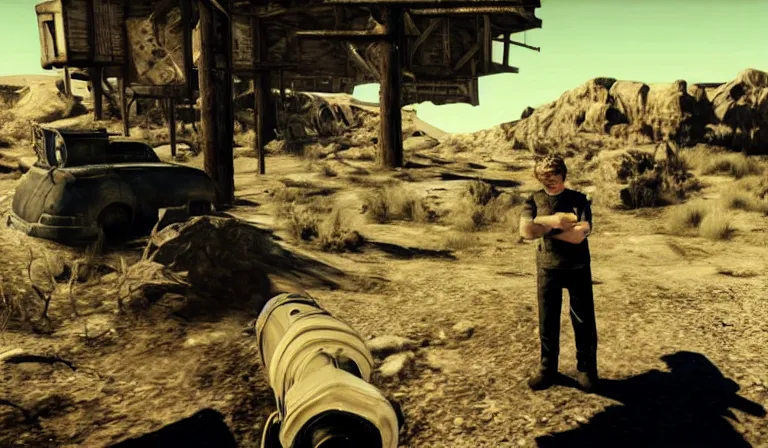 Image similar to Yung Lean in a cutscene from Fallout New Vegas, wide shot, low angle, screenshot