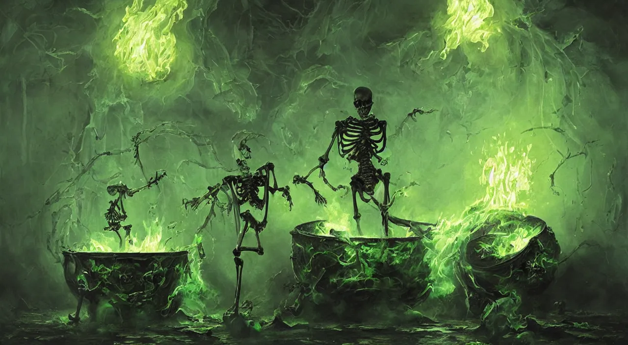 Image similar to A highly detailed oil painting by Greg Rutkowski of a skeleton wearing black robes making a potion in a huge bubbling cauldron glowing bright green, with lots of fire coming from it, highly detailed fantasy concept artwork, very realistic, green and black color scheme.