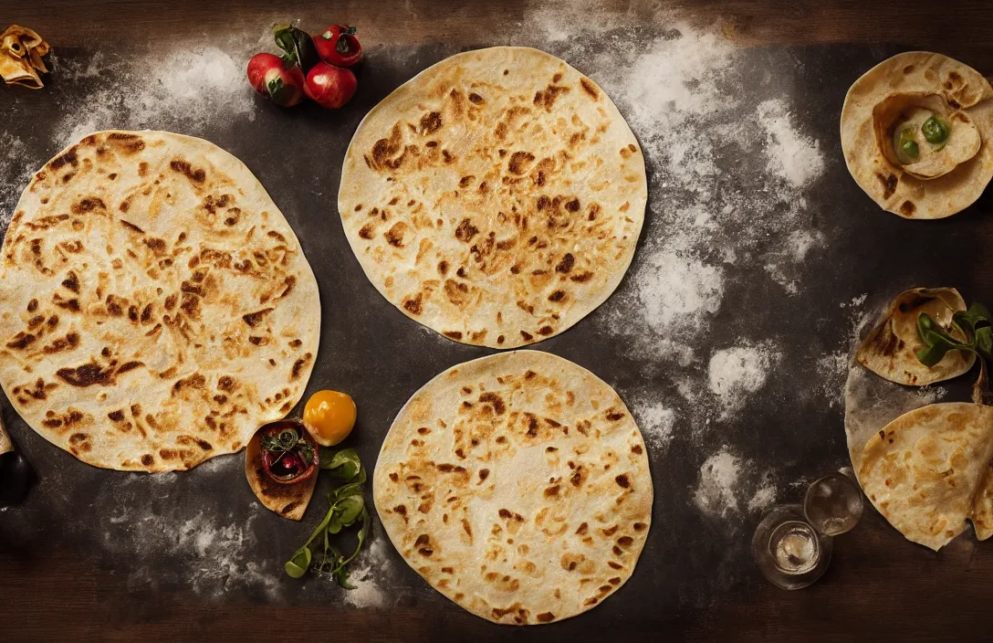 Prompt: tortilla, food photography, award winning, michelin star restaurant