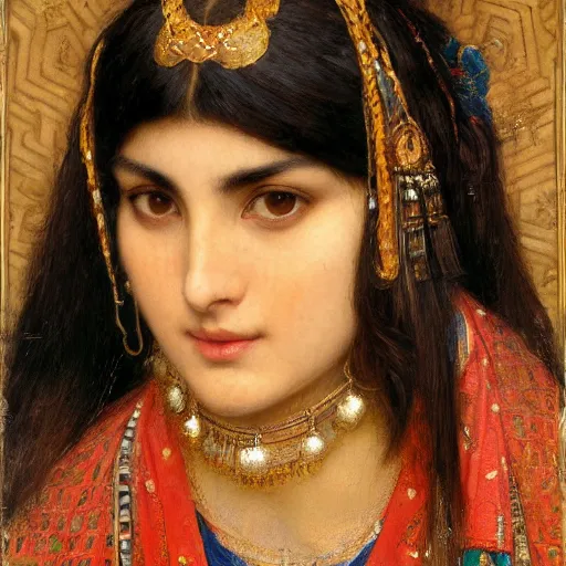 Prompt: orientalist portrait of a persian woman with thick black bangs selling carpets at market intricate artwork by john william waterhouse and Edwin Longsden Long and Theodore Ralli and Henryk Siemiradzki. trending on artstation, very coherent symmetrical artwork high detail 8k