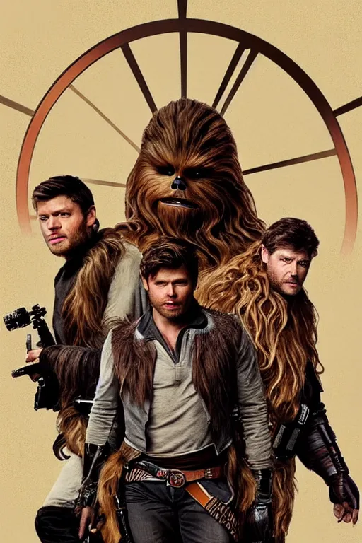 Image similar to a detailed matte portrait of jensen ackles dressed as has solo and misha collins as chewbacca, masterpiece, 8 k, art by alphonse mucha and greg rutkowski