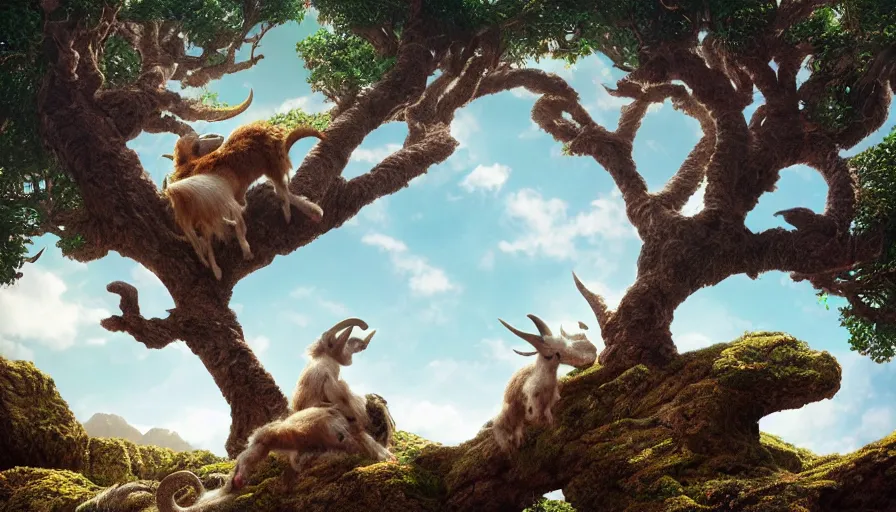 Image similar to very very small goat, sitting on a gigantic dragon tree in socotra island by ilya kuvshinov, rtx rendering, octane render 1 2 8 k, maya, extreme high intricate details by tom bagshaw, medium shot, close up shot, composition by sana takeda, lighting by greg rutkowski