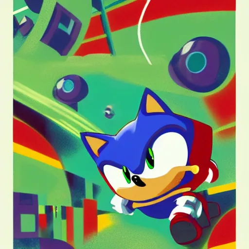 Prompt: Sonic the hedgehog has a bad acid trip, Green Hill Zone, in the style of Sachin Teng x Sonia Delaunay