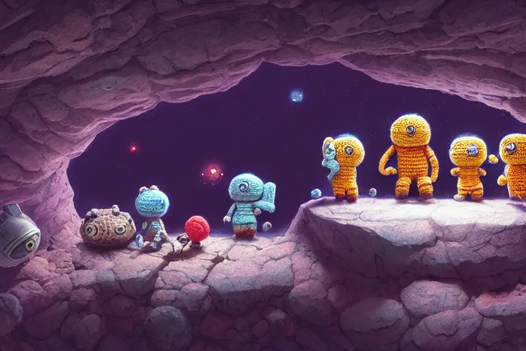 Image similar to an expedition of crochet cute astronauts discovering a new cave underground. cute, illustration, digital art, inspired by little big planet, by greg rutkowski, detailed, sharp, masterpiece, highly detailed, photorealistic, octane render, 8 k, unreal engine 5, trending on artstation, vivid colors