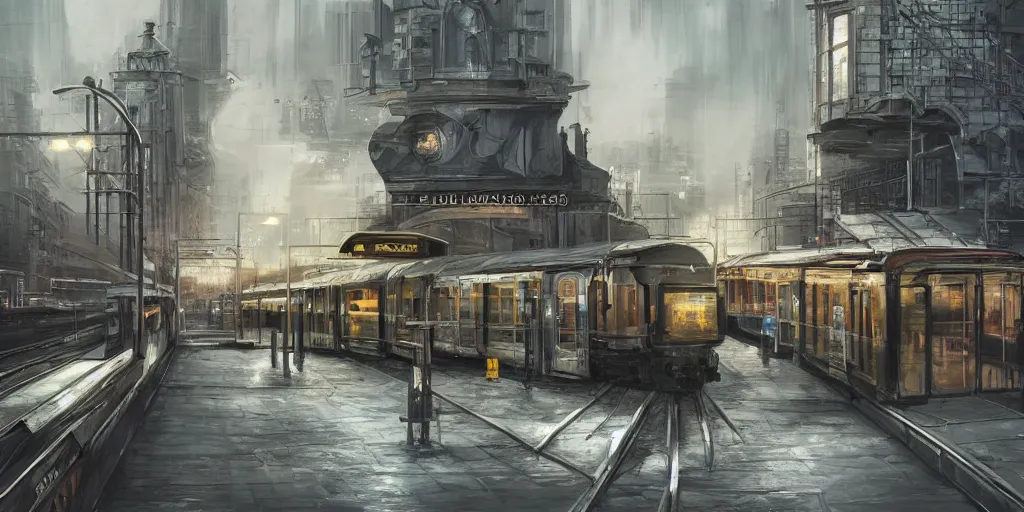 Prompt: 2 0 4 5 train station city landscale, concept art, illustration, highly detailed, artwork, hyper realistic, painting