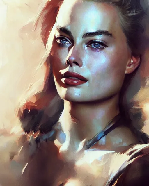 Image similar to Full view realistic portrait of actress margot robbie, masterpiece by Craig Mullins Artgerm in the style of Ruan Jia, wlop, Ross Tran, detailed and realistic, soft lighting, intricate details, realistic, full view, Artstation, CGsociety