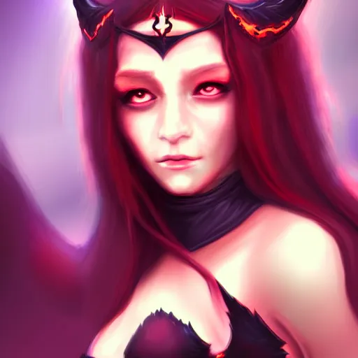 Image similar to portrait of demon queen, anime, digital painting, devian art, trending on artstation, facial touch up, hd, 4 k