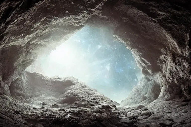Prompt: beautiful double exposure landscape photography of a deep cark cave combined with a clear shot of space, dark ambient lighting, breathtaking concept art