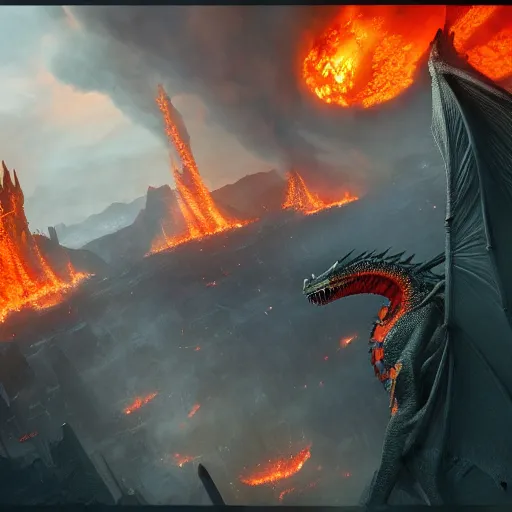 Prompt: horror dragon flying over a city, fire, lava, smoke, ethereal, matte painting, highly detailed, by eddie mendoza and tyler edlin, 8 k resolution