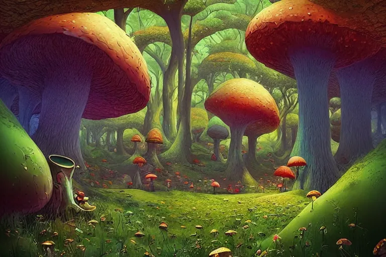 Prompt: surreal glimpse into other universe, stuck in a mushroom cave, summer morning, very coherent and colorful high contrast, art by!!!! gediminas pranckevicius!!!!, geof darrow, dark shadows, hard lighting