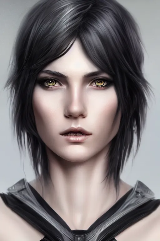 Image similar to ultra realistic style illustration of an androgynous gorgeous fae with shoulder length black hair pale skin and beautiful eyes, headshot, sci - fi, fantasy, intricate, elegant, highly detailed, digital painting, artstation, concept art, smooth, sharp focus, illustration, 8 k frostbite 3 engine, ultra detailed