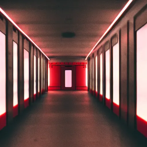 Image similar to noisy color photograph of a retrofuturist liminal space, laboratory, prison, red lights, minimalist, cinematic, soft vintage glow