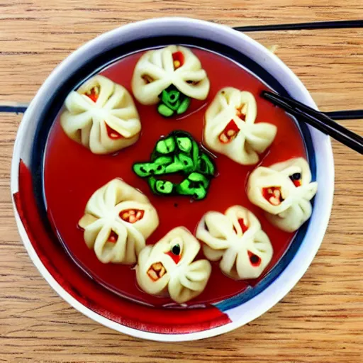 Image similar to delicious dumplings with chilli sauce made by hayao miyazaki, ghibli art style