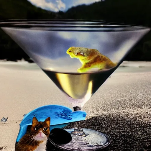 Prompt: photo of a glass of martini with a small cat swimming in the martini, on the beach