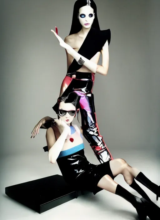 Prompt: Twiggy dressed in Y2K clothing in a futuristic living room, fashion photography