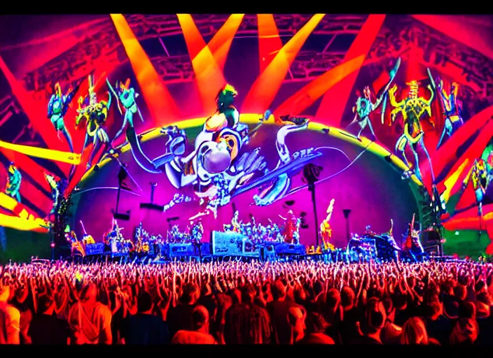 Image similar to members of the band tool performing on stage at a very large concert venue, colorful,modern, disney poster, detailed,