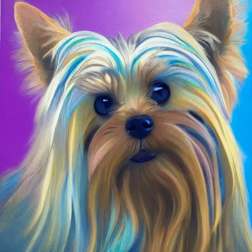 Prompt: Yorkshire Terrier under a rainbow in the style of Lady with an Ermine, head and shoulders portrait, stormy weather, extremely detailed masterpiece, oil on canvas, low-key neon lighting, artstation, Blade Runner 2049, Roger Deakin’s cinematography, by J. C. Leyendecker and Peter Paul Rubens and Edward Hopper and Michael Sowa,