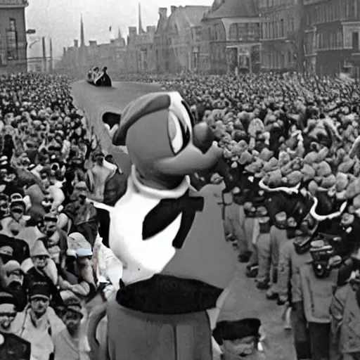 Image similar to historic colorized photograph of donald duck at a nazi parade in 1 9 3 6