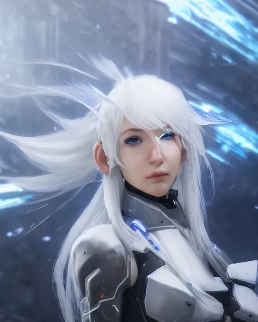 Prompt: perfect white haired girl, warframe armor, beautiful, dreamy, half asian, pretty face, blue eyes, detailed, windy weather, scifi platform, laboratory, experiment, 4 k, ultra realistic, epic lighting, cinematic, high detail, masterpiece, by akihiko yoshida, kazuya takahashi