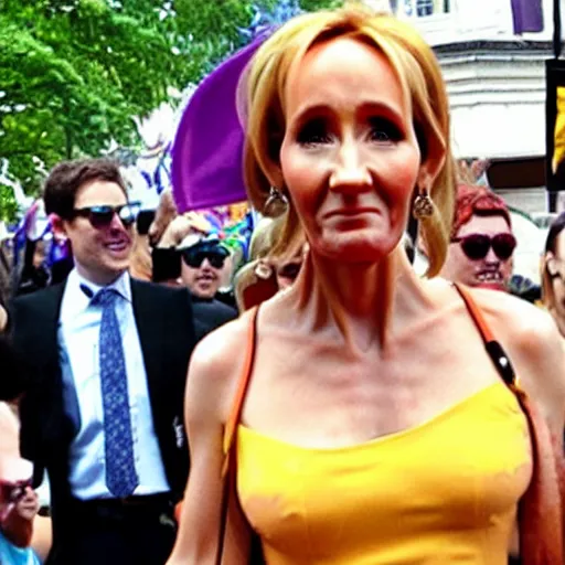 Prompt: JK Rowling starting terrified at a Pride Parade