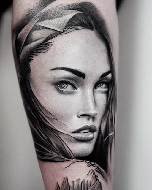 Prompt: realism tattoo design sketch of megan fox with beautiful mountain scenery, in the style of dan mountford, double exposure effect, hyper realistic, amazing detail, black and white