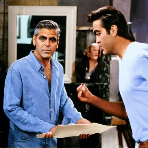 Image similar to George Clooney showing white blueprint to friends, movie scene, cinematic, highly detailed, sharp detail