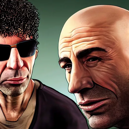 Image similar to Joe Rogan and Howard Stern, in style of Grand Theft Auto, intricate, highly detailed, concept art, smooth, sharp focus, illustration, angry, medium shot, mid-shot