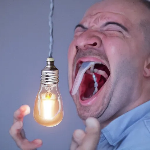 Image similar to a screaming man captured in a lightbulb