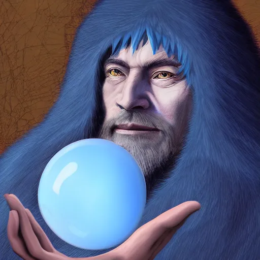 Image similar to Digital art portrait of a half-orc druid, wearing a long grey fur robe and holding a sphere of magical blue water 4k