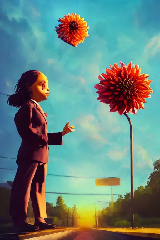 Image similar to closeup giant dahlia flower head, girl in a suit on a street, surreal photography, blue sky, sunrise, dramatic light, impressionist painting, digital painting, artstation, simon stalenhag