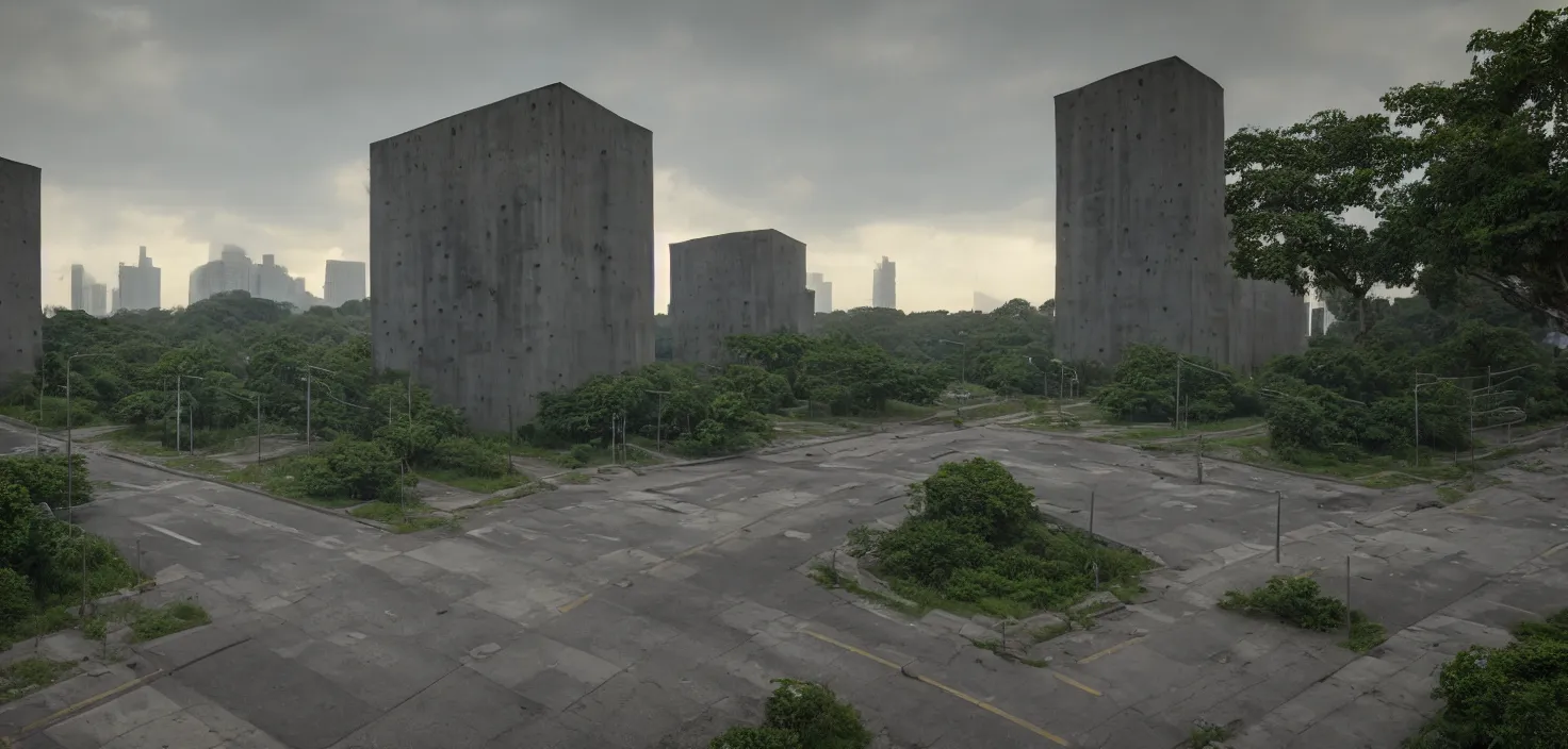 Prompt: a street view of monolithic buildings, simple brutalist architecture, abandoned, empty streetscapes, surrounded by lush green jungle, ground-level view, natural volumetric lighting, sunset, rusted steel, solid concrete, glass, stunning skies, scattered rubbish and debris, 8k, photorealistic, hyper detailed, unreal engine 5, IMAX quality, cinematic quality, beautifully illustrated, sharp focus, minimal artifacts, from DOOM, by Greg Rutkowski, trending on Artstation, award winning