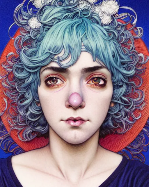 Image similar to ' ramona flowers ', closeup shot of face, beautiful shadowing, 3 d shadowing, reflective surfaces, illustrated completely, 8 k beautifully detailed pencil illustration, extremely hyper - detailed pencil illustration, intricate, epic composition, masterpiece, bold conflicting colors. stunning masterfully illustrated by range murata, alphonse mucha, katsuhiro otomo.